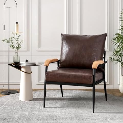 TUKAILAi PU Leather Single Sofa Couch, Modern Accent Chair with Solid Wood Armrest and Sturdy Metal Frame, Upholstered Lounge Chair Armchair for Living Room Bedroom Guest Reception (Dark Brown) Cover