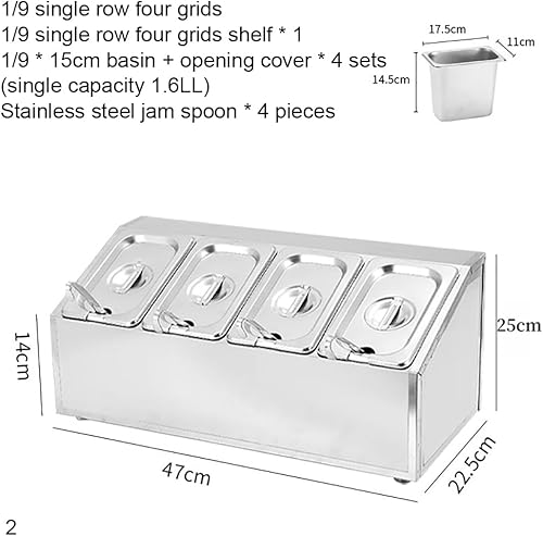 Miniatura 7 de Contenedor de exhibición de alimentos para encimera de 12 x 1.6 L, dispensador de condimentos de acero inoxidable con tapa y cuchara, bandeja de