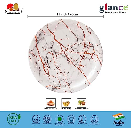 Image of Melamine Dinner Plates Set of 6, 11 Inch Round Full Serving Plates, Lightweight, Break Resistant, Dishwasher Safe, Food Grade - White Marble Design