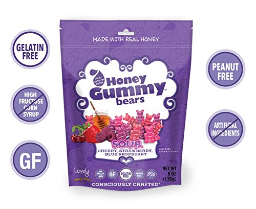 Gelatin-Free Sour Honey Gummy Bears - Lovely Co. 6Oz Bag - Cherry, Strawberry & Blue Raspberry | No Hfcs, Gluten-Free, Peanut-Free & All Real Ingredients! (1-Pack) #TOP1