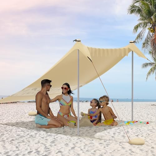 VILLEY Beach Tent Sun Shelter with UPF50+ Protection for 5 Person, 8x7FT Portable Sun Shade with 2 Stability Poles and 4 Sandbags, Outdoor Beach Canopy for Camping, Picnics, Fishing, Outdoors(Khaki)