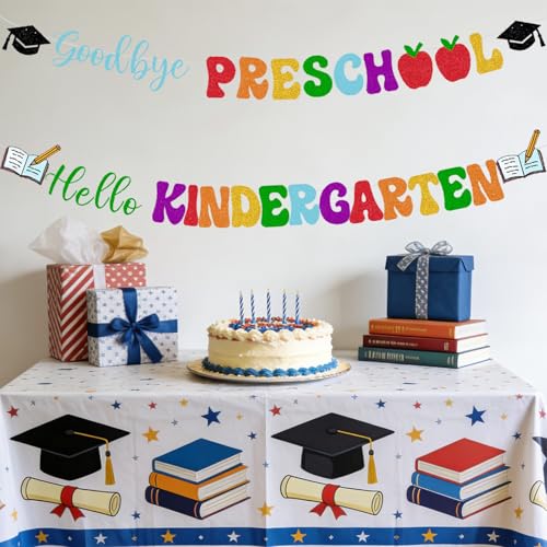 Image of Preschool Graduation Decorations Banner - Pre-Strung Glitter Goodbye Preschool Hello Kindergarten Garland for Pre K Grad Children Graduate Party Decor