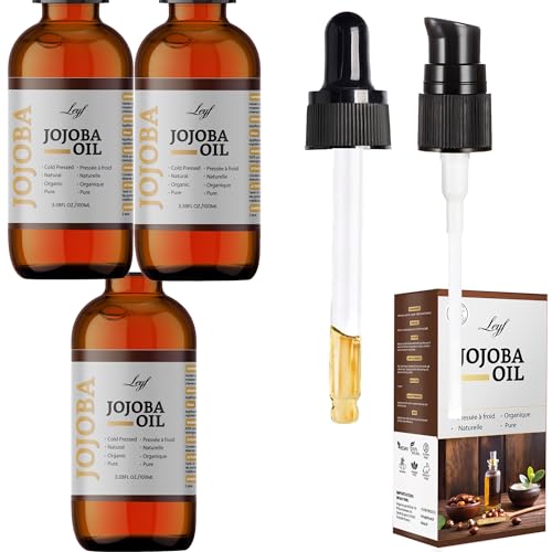 Leyf 3 stück Bio Jojobaöl 100 ml, 100% Rein, Vegan, Körper, Haare, Gesicht, Nägel, Glasflasche + Glaspipette + Pumpe, Feuchtigkeitspflege, Futterspender, Körperöl Straffend