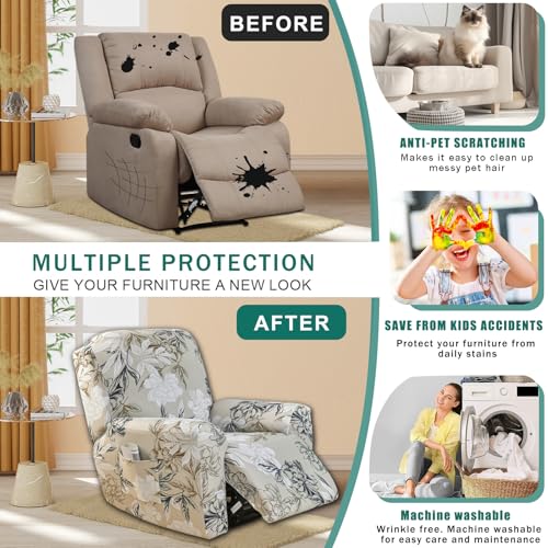 NILUOH Stretch Recliner Cover 4 Pieces Printed Lazy Boy Chair Covers Floral Patterned Recliner Sofa Slipcover Anti-Slip Fitted Furniture Protector with Elastic Bottom, A3 - Image 5