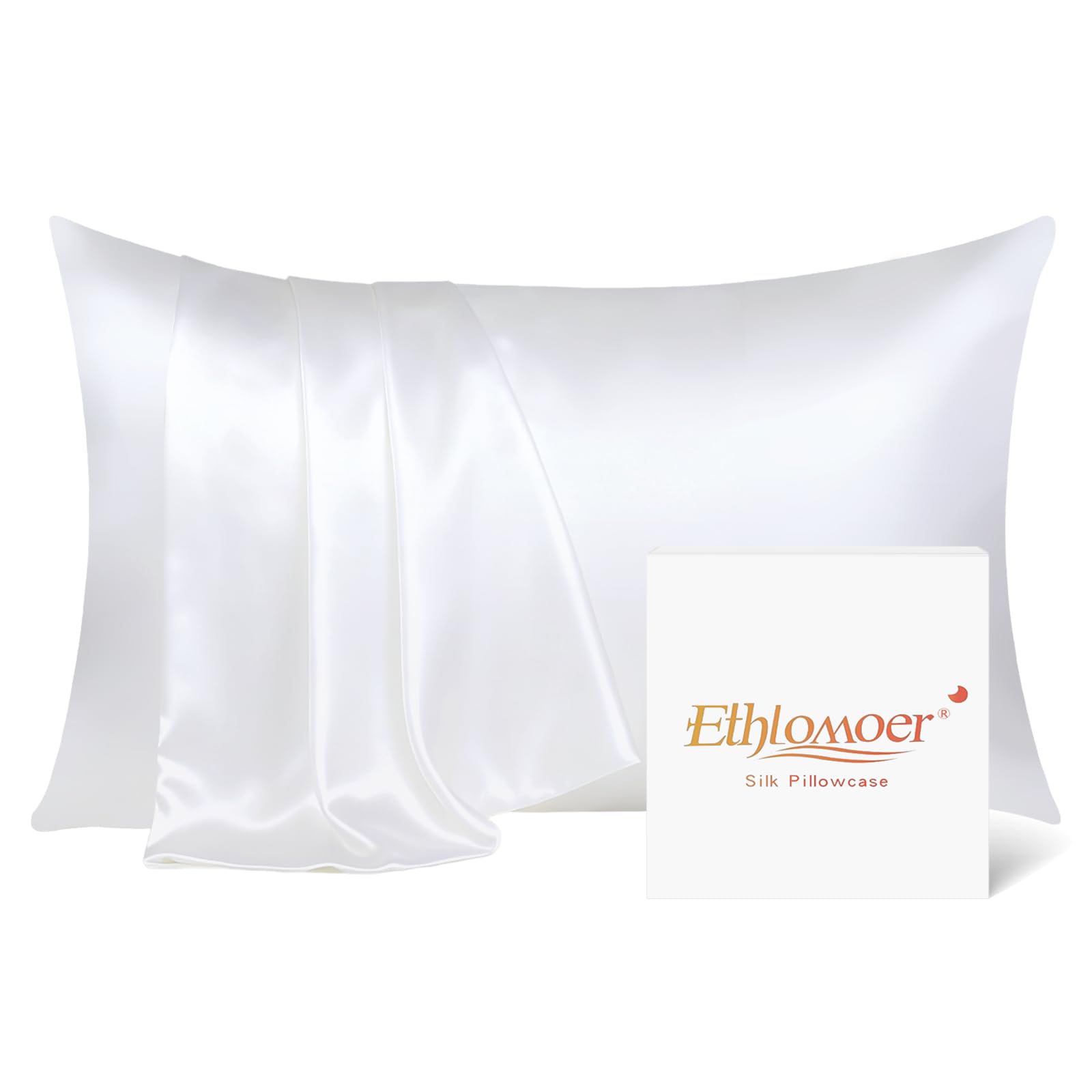 Ethlomoer Natural Pure Silk Pillowcase for Hair and Skin, Both Side 19mm, Hypoallergenic, 600 Thread Count, Smooth Silk Pillow case with Hidden Zipper, Gifts for Women Men, 50x75 cm (White)