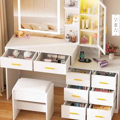 ANWBROAD 51.8" Vanity Desk with Mirror and Lights Makeup Vanity Desk with Lights 3 Colors Large White Vanity Dresser RGB 8 Drawers with Charging Station Stool Shelves for Girls Women Bedroom UBDT77W - Thumbnail 3
