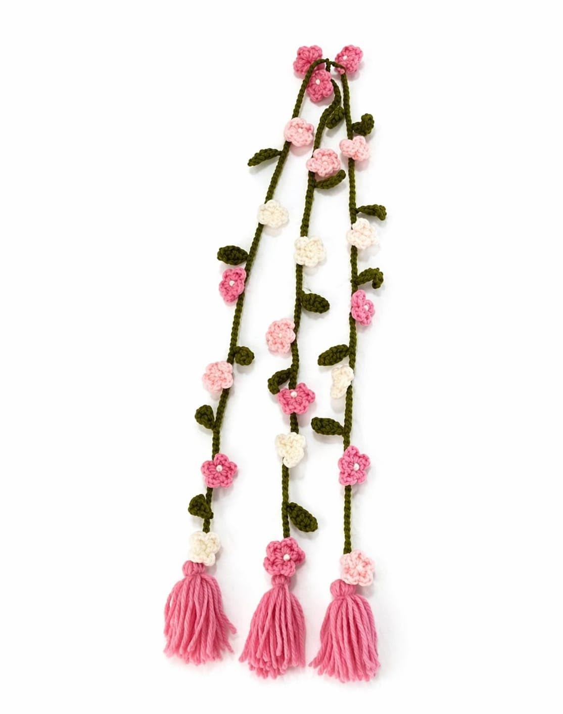 Handcrafted Crochet flower Panjabi pranda, Crochet Pranda Hair Accessory, Pink and White Floral Vine with Tassel, Handcrafted Braided Hair tie 50cm-picture-28
