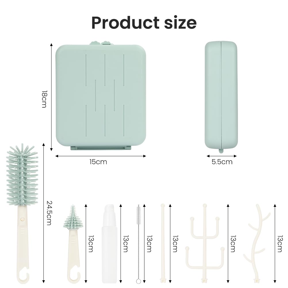 Vicloon 6 in 1 Spazzole per biberon, set da viaggio con spazzola in silicone per biberon/tettarella/cannuccia, dispenser di sapone, stendibiancheria, articoli essenziali da viaggio per neonati (Blu)