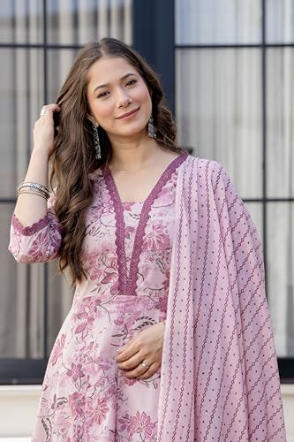 Image of MANHAREE Women's Cotton Anarkali Pink Kurta Pant with Dupatta Set