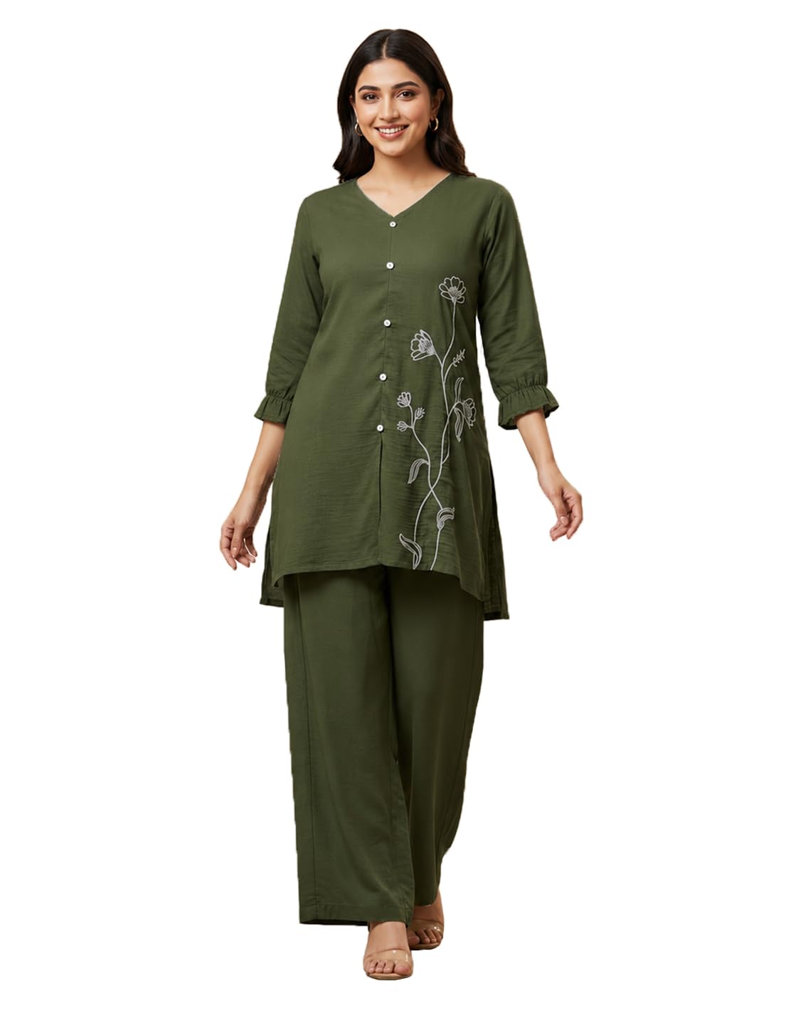SNITCH Silk Blend Embroidered Stylish V-Neck Co-ord Set for Women | Kurta Sets for Woman | Party & Ethnic Wear in neutral