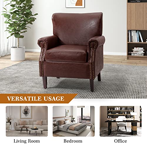 Hulala Home Faux Leather Accent Chairs Set Of 2 With Rolled Armrests & Nailhead Trim, Comfy Upholstered Living Room Armchairs With Removable Cushion, Traditional Sofa Chairs For Bedroom Office, Brown #TOP4