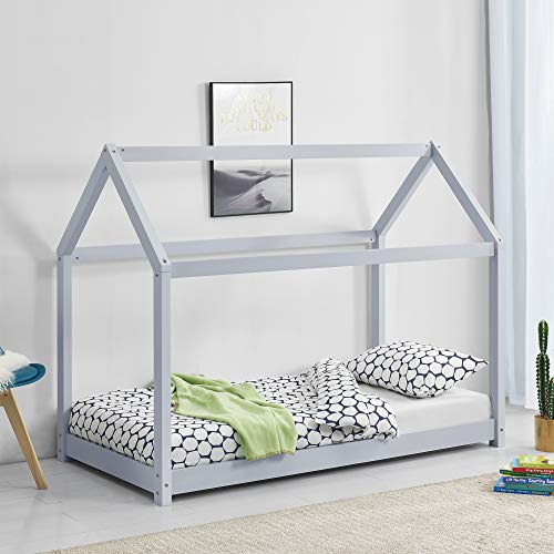 [en.casa] Lit Enfant Design Maison Cadre Structure Lit Bois Blanc Cabane 140 x 70 cm Gris Clair