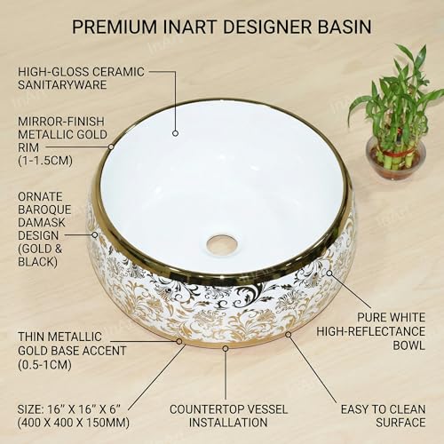Image of InArt Designer Ceramic Wash Basin /Vessel Sink /Over or Above Counter Top Wash Basin for Bathroom Round Shape Golden White 16 x 16 x 6 Inch