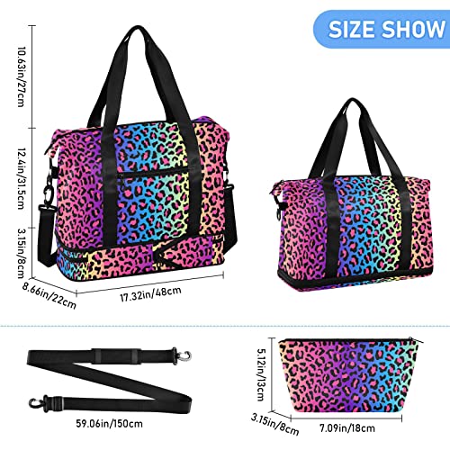 Weekender Bag for Women, Rainbow Leopard Cheetah Gym Bag Sports Duffle Bag Travel Tote Bag with Toiletry Bag Shoes Compartment Dry/Wet Separation Swim Bag3