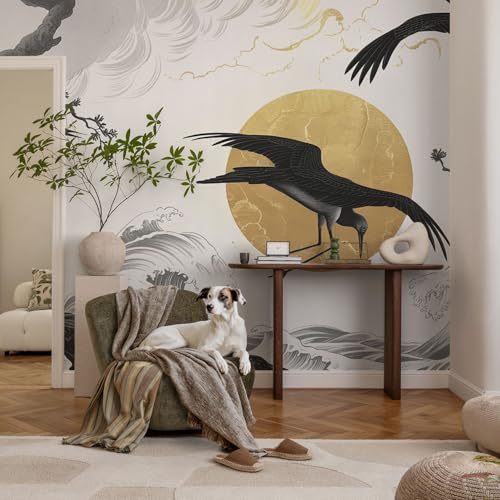 Papier peint intissé grues noires lavable pour masquer les défauts du mur