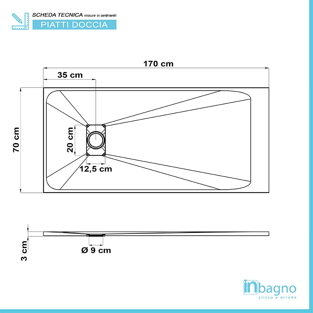 Piatto doccia in Resina, disponibile in diverse misure, design ultraslim con effetto pietra serie Agorà (70x170, Bianco)