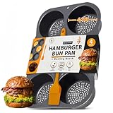AKS Co Hamburger Bun Pan, Non-Stick Silicone - Oven-Safe, Vented 6-Cavity Baking Mold, Dishwasher Safe with Basting Brush