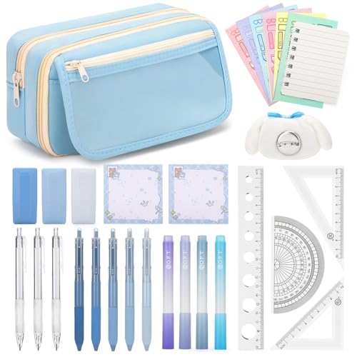 OPPZZIT Estuches Escolares 3 Compartimentos, 30 Piezas Material Escolar Kawaii con 1 Estuche Azul, 5 Bolígrafos de Gel, 4 Subrayadores, 3 Portaminas, Set de Papelería Bonita para Niñas & Estudiantes