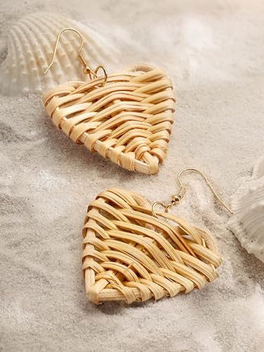 Image of MINACHI Boho Chic Handmade Rattan Wood Dangle Drop Earrings for Women, Bohemian Summer Beach Statement Jewelry Gift for Women
