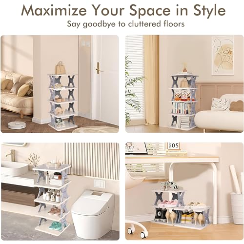 Image of Zureni Stackable Shoe Rack 5-Tier Foldable and Adjustable Footwear Organizer Portable & Expandable Storage Shelf for Home Slippers & Sandals (Pack of 1, White)