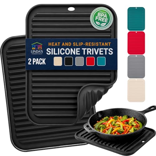 Image of Silicone Trivets for Hot Dishes, Pots, Pans (2 Pack) - Heat-Resistant Pot Holders for Kitchen Countertop Mats - Silicone Trivet Mat (9 x 12 Inch) - Multipurpose Counter Pads (Black)