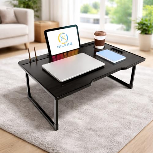 Image of LIDBOX Foldable Wooden Mini Laptop Table for Bed, Study Table with Drawer, Tablet /Mobile Holder for Kids & Adults (COTTED Black)