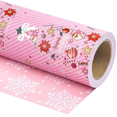 RUSPEPA Papier Cadeau Réversible - Mini Rouleau 43,2 Cm X 10 M - Sapin De Noël Rose Et Motif Flocon De Neige Pour Vacances, Fêtes