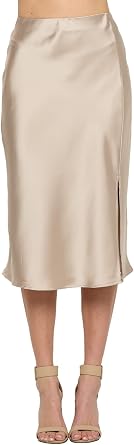 Women Solid High Waist Satin Midi Slit Skirt - Made in USA