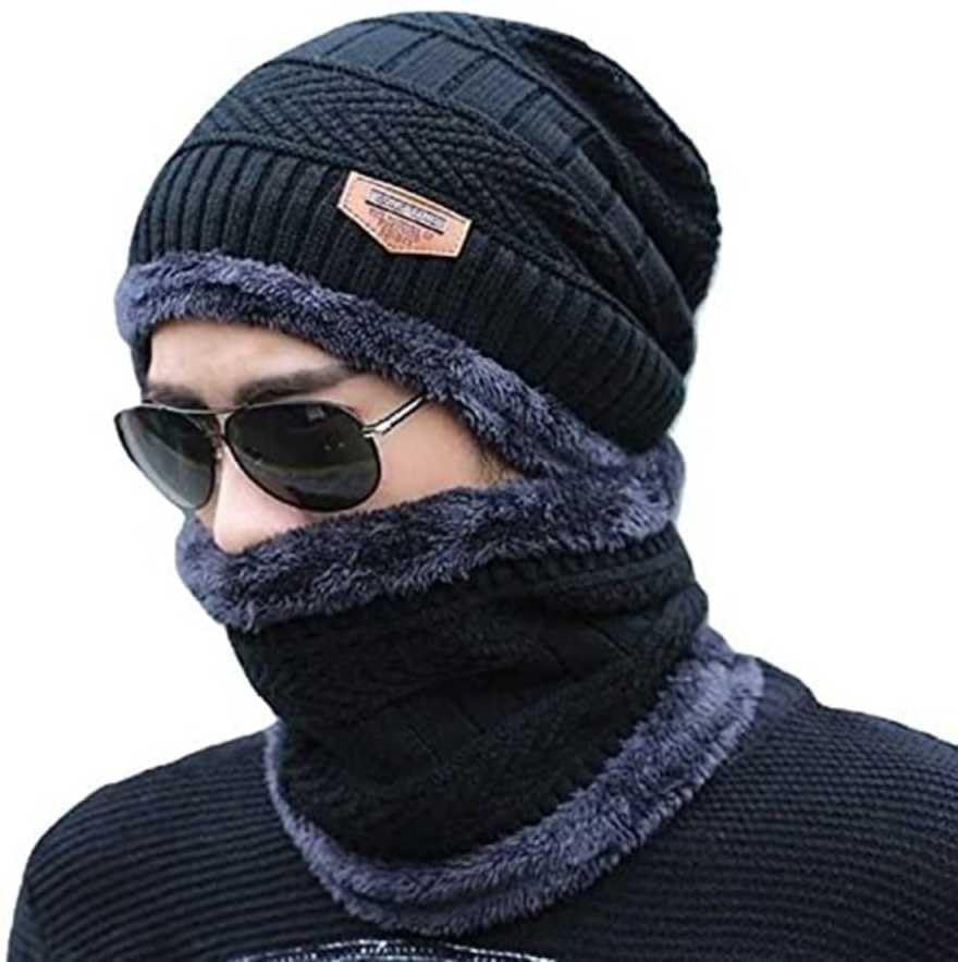 famkart Stylish Men Woolen Beanie Cap | Winter Knit Hat & Scarf Set | Cold Weather Accessory | Lightweight & Warm Winter Cap (Black)-picture-17