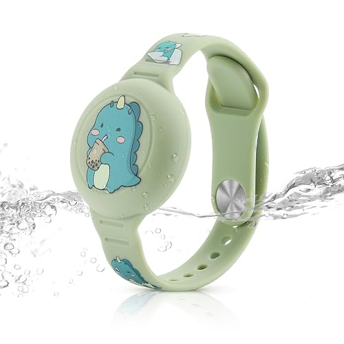 ZORBES® Kids Airtag Bracelet - Cartoon Dino Silicone Wristband, 9 Inches Adjustable, Anti-Lost, Waterproof Full Cover Protection for Air Tag, Green