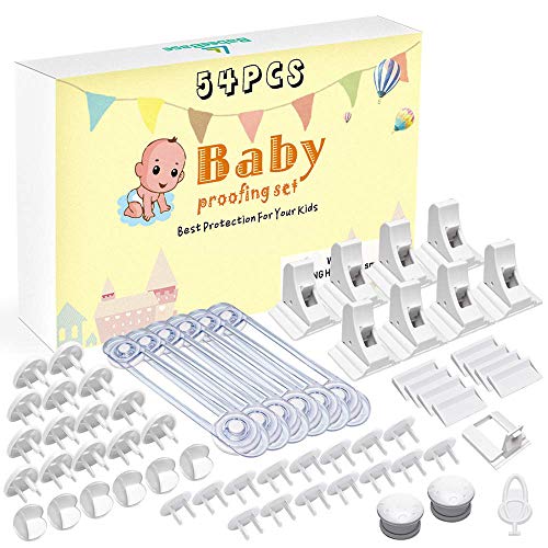 Baby Proofing Set, 54 Pcs Cabinet Locks Child Safety- 8 Magnetic Cabinet Locks+2 Keys, 6 Clear Corner Protectors, 30 Outlet Plugs, 6 Child Safety Straps, No Drill Needed