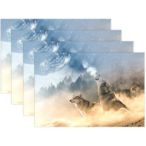 yyndw Table Mats Set Lobos Que Se Elevan A La Luna Vacaciones Manteles Individuales Hotel Bodas Café 45Cmx30Cm Mesa De Comedor Unisex Mesa Lavable Alfombras Cena Cocina Banquete Fiesta