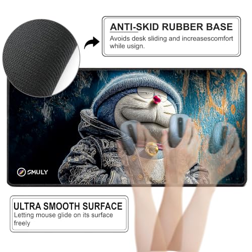 Image of Stylish Cartoon Cat Gaming Mouse Pad, Large Desk Mat 58.5 x 28 cm, Extended Washable Mousepad, Desk Pad, 2mm Thick Non-Slip Rubber Base, Stitched Edges, Smooth Surface (Multicolour)