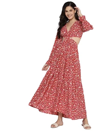 Image of LADILA ENTERPRISE Red Floral Waist Cut-Out Maxi Dress