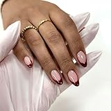 Faux Ongles Court MouyouGlow,Amande Nund Rouge Burgundy French Design Short Glossy Press on Nails,Wine Red Tips Shiny Pure Colour Style Rétro-chic Automne Hiver INS Fake Nails pour Femme