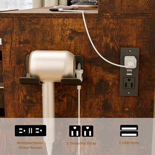 Vanity with Mirror and Lights, Makeup Vanity Table Set, Dressing Table, Large Wood Vanity with Chair, Touch-Sensitive Dimmable Mirror, Shelves and Drawers. Industrial Style Vintage Brown - Image 6