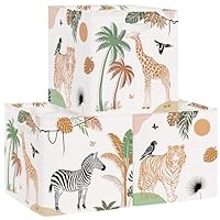 Clastyle 3 pcs Jungle Animals Cube Storage Unit Boxes Palms Leaf Storage Baskets for Shelves Women Girls Nursery Hamper Basket Book Clothes Toy Box Organizer