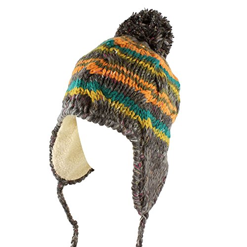 Morehats Multi Stripe Knit Pom Pom Handmade Trapper Beanie Winter Ski Warm Hat - Charcoal