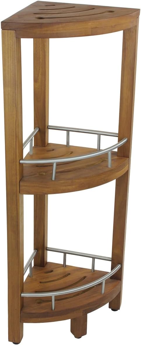 AquaTeak Patented Kai Corner Teak and Stainless 3 Shelf Corner Stand