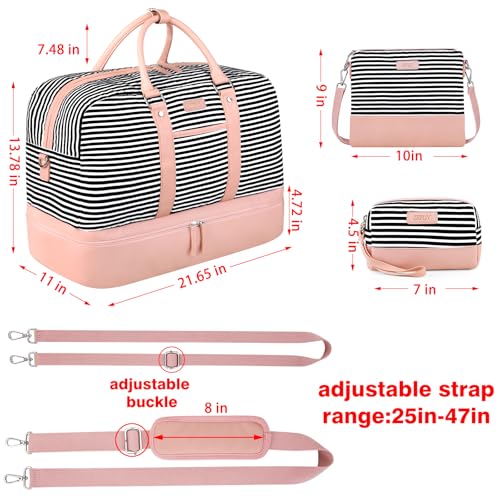 Image of Weekender Bag for Women, Large Overnight Bag Canvas Travel Duffel Bag Carry On Tote with Shoe Compartment 21 inch 3Pcs Set, A07-pink+black & white stripes, Large, Practical