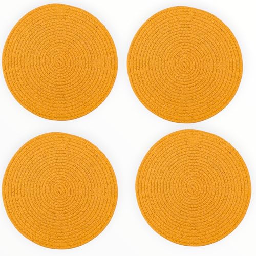 Image of Cotton Rope Placemats, Round Red with White Border, Set of 4, Heat Resistant Table Mats (Yellow)