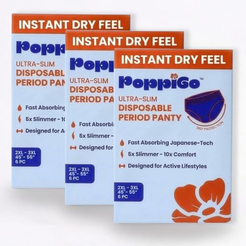 Image of Poppigo Ultra-Slim Disposable Period Panty for Women & Girls | (2XL-3XL) |18 Pcs (6Pc x3Packs) | 45 inch -55 inch inches | 6 Pants | Slim Like Underwear | Leak-Proof | Soft Breathable | Comfort for Travel, Sleep & Active days.