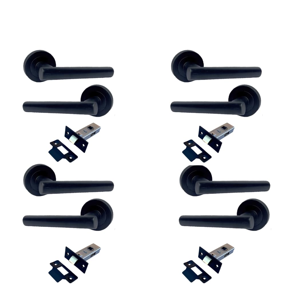 Epsom Door Handle Black Pack Of 4 Matt Door Handle With Tubular Latch – 123Mm Lever On 52Mm Rose | Complete Interior Handle Set