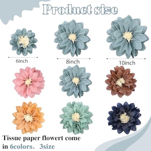 Image of Geyee 18 Pcs Mexican Paper Flowers Colorful Fiesta Tissue Paper Flowers Pom Poms Mexican Carnival for Floral Party Backdrop Wedding Birthday Party Craft(Boho Color,6 inch 8 inch 10 inch)