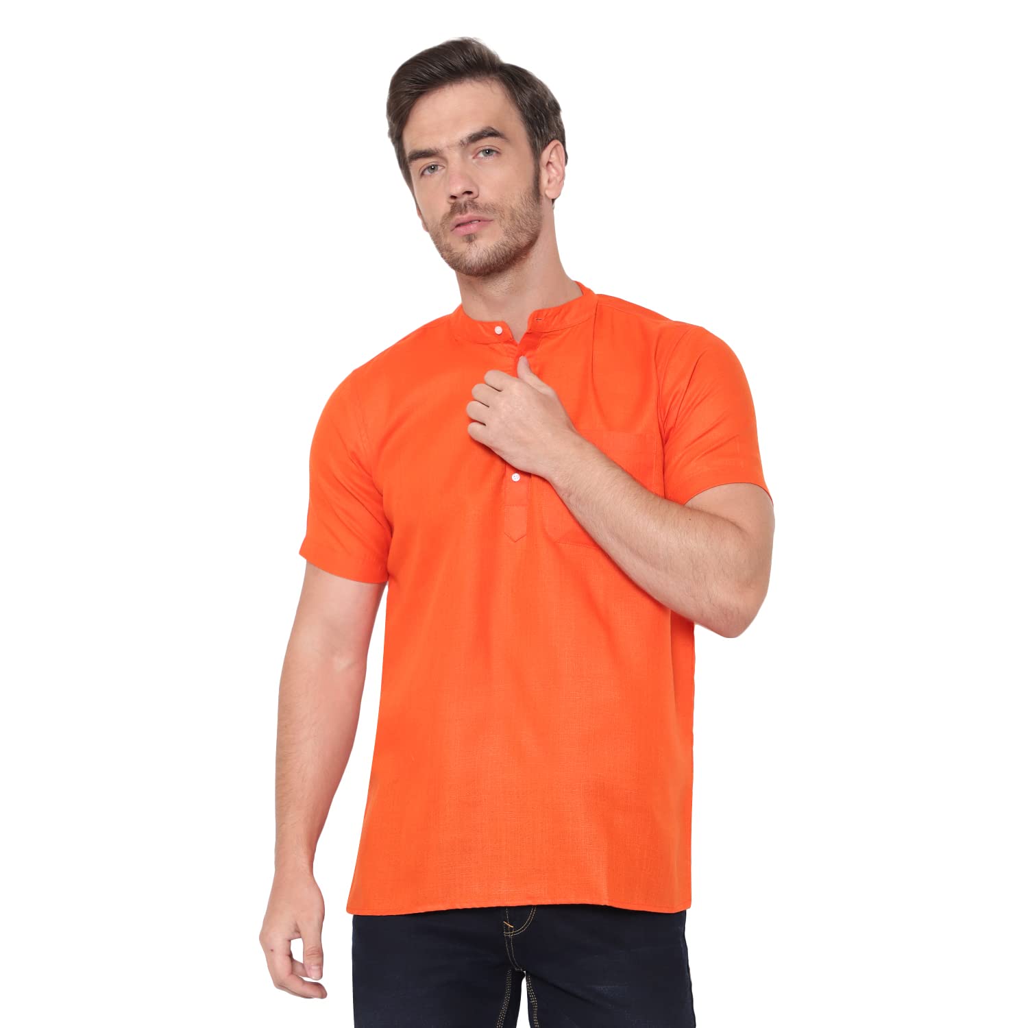latest chikan Men's Cotton Blend Regular Solid Short Kurta - Casual Ethnic Wear-picture-27