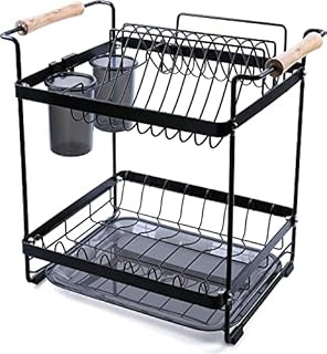 Uten Stainless Steel Draining Rack for Dishes, Dish Drainer with 2 Levels, with Cutlery Holder, Cutting Board Holder, Drip Tray,Non-Slip feet, Easy to Assemble, Robust and Durable for The Kitchen