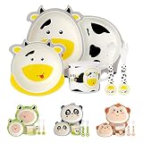 H HOMEWINS Kindergeschirr 5-teilig Nette Kuh-Form Umweltfreundlich Bambus Kinder Geschirr Set für Babys ab 6 Monaten - Spülmaschinenfest Teller Schüssel Trinkbecher Löffel und Gabel