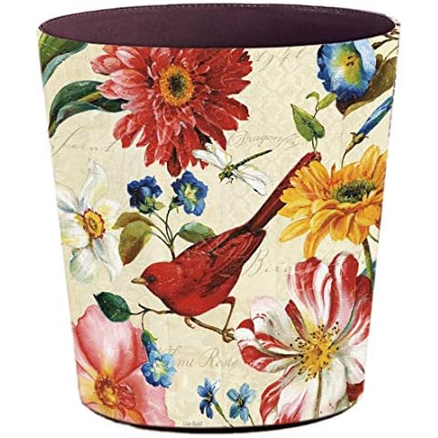 Lingxuinfo Retro Style Small Trash Can Wastebasket, Decorative Trash Can Waste Paper Basket Waste Container Bin for Bathroom, Bedroom, Office and More, 10L Capacity (Red Bird) Cover