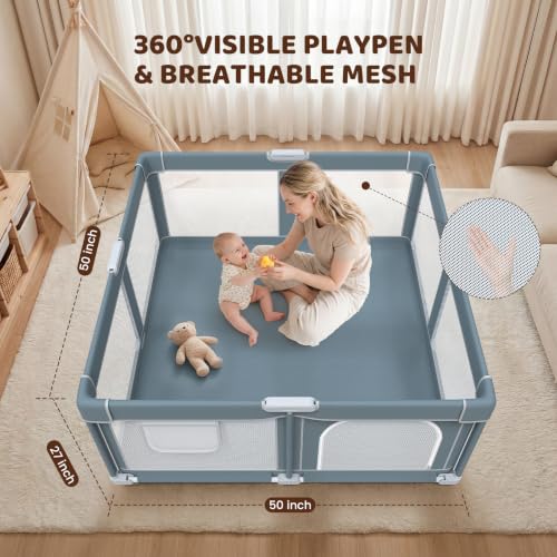 Image of Foldable Baby Playpen - 50 inchx50 inch Collapsible Play Pen for Babies and Toddlers - Indoor Outdoor Play Pen with 4 Handles - Folding Baby Playpen with Carry Bag Portable Travel Play Yard
