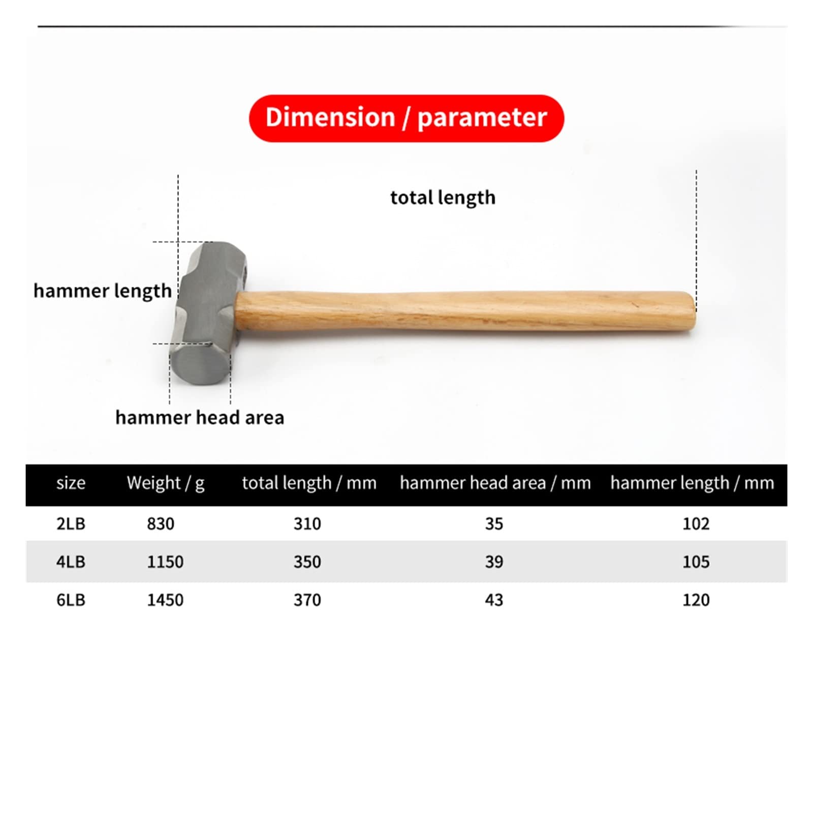 Heavy Duty drewniany uchwyt młot kowalski 1 sztuk kuta stal ośmiokątny młotek z łbem kwadratowym duży młot młot murarski 2LB 3LB 4LB wanglan (Size : 6LB)